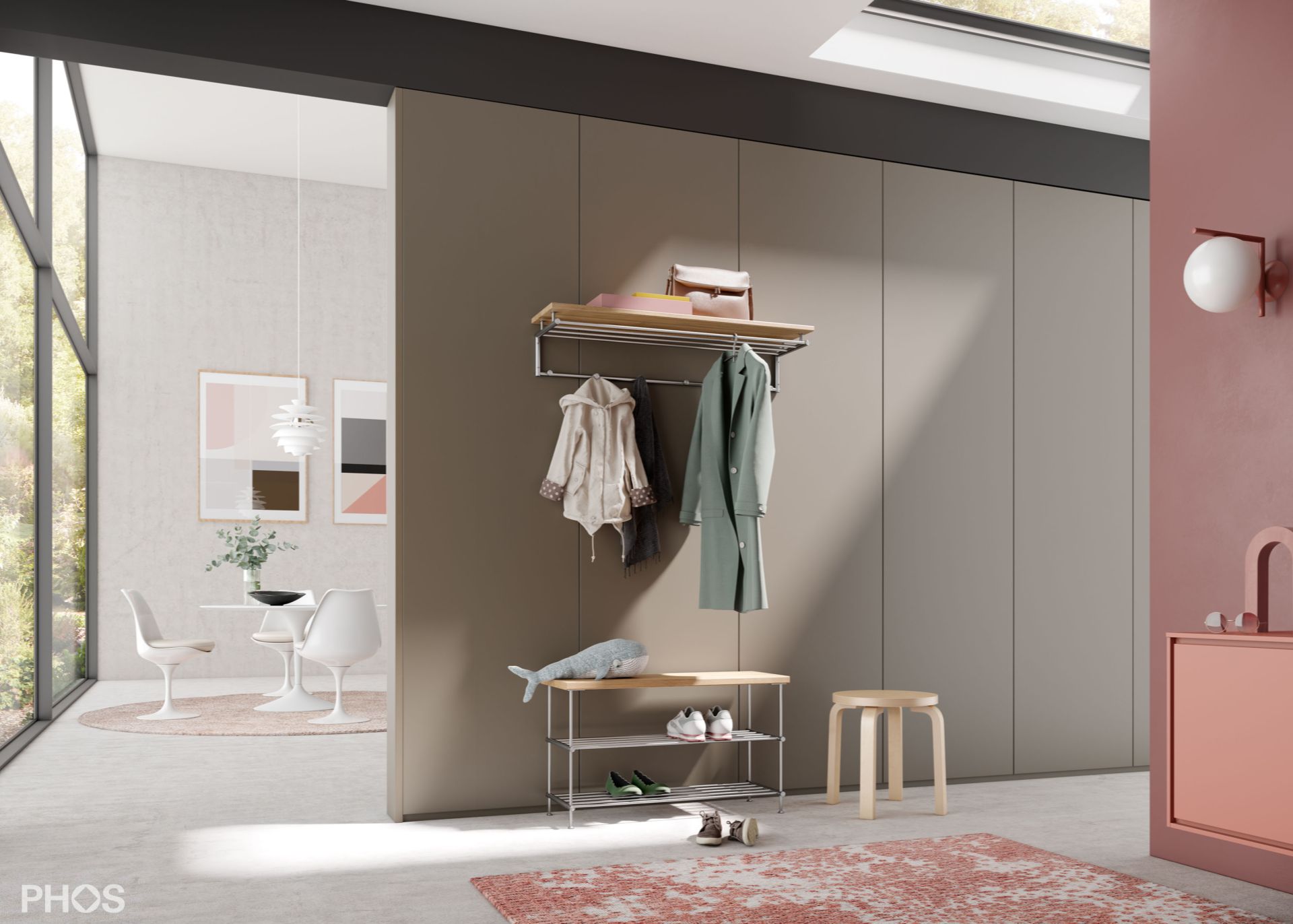 G17-600-Eiche Навесной шкаф g17 с 4 платяными штангами, 5 крючками и деревянной полкой из массива дуба - ширина 65 см PHOS  - Вид №1