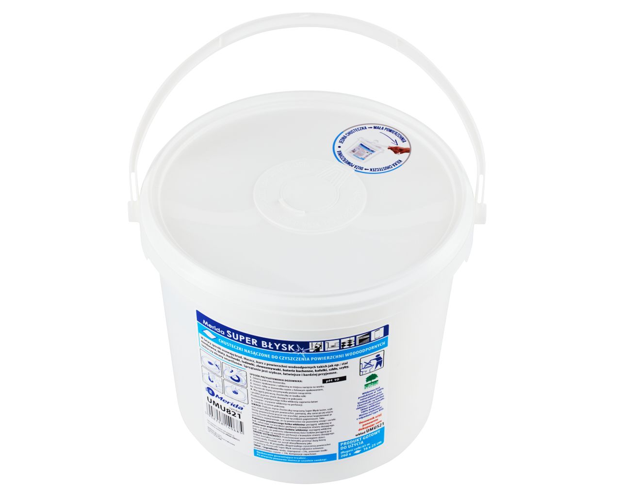 UMU821 Влажные салфетки для очистки водостойких поверхностей SUPER BŁYSK, ведро 6 л, рулон 65 м, 260 листов Merida  - Вид №3