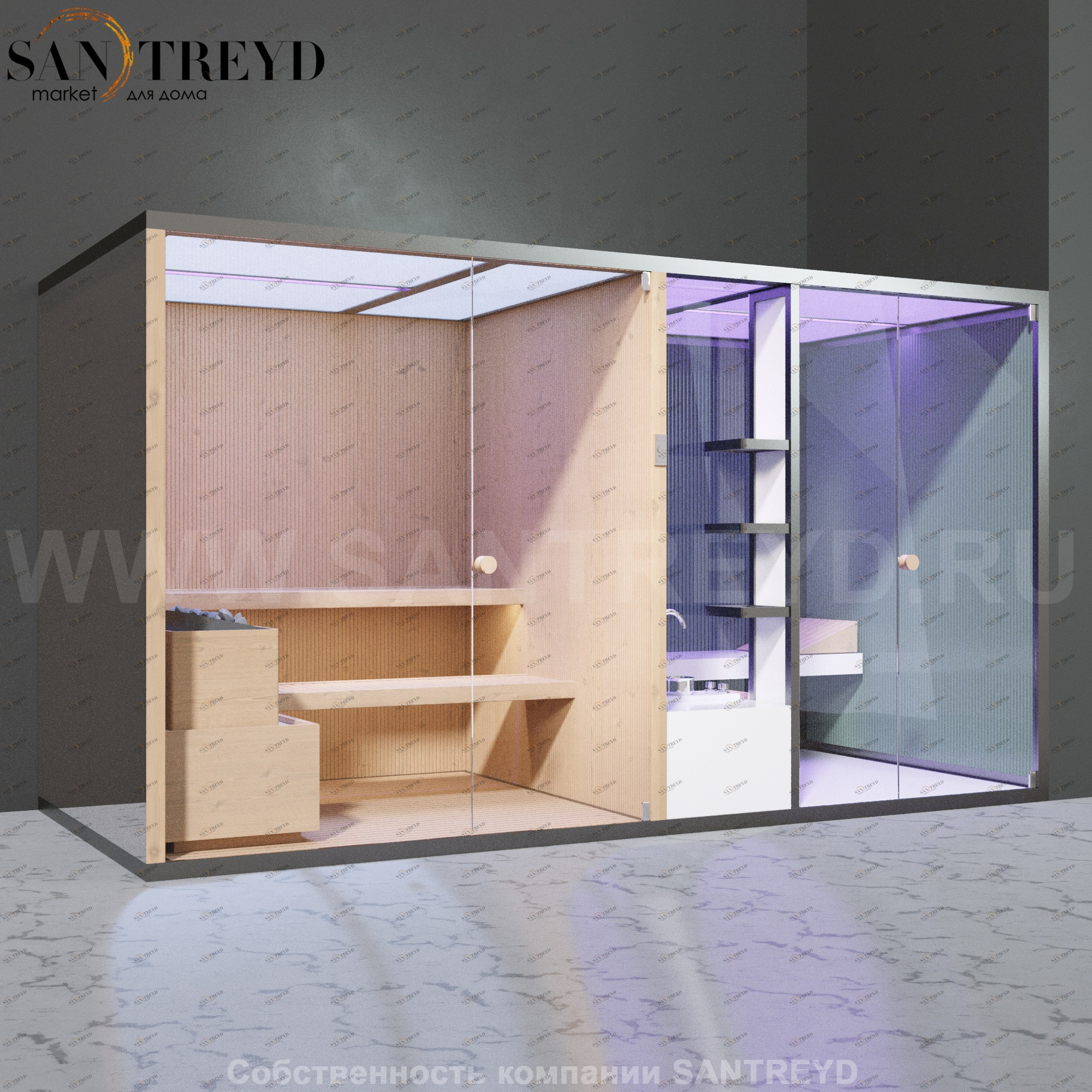 Effegibi BODYLOVE SH BL40140003 Фронтальная комбинированная баня: хаммам и сауна. Установка: в правый угол. Мощность: 15 кВт макс. Размеры: длина 393 см, ширина 176 см. Отделка: канадский хемлок, трубчатое стекло и зеркало.