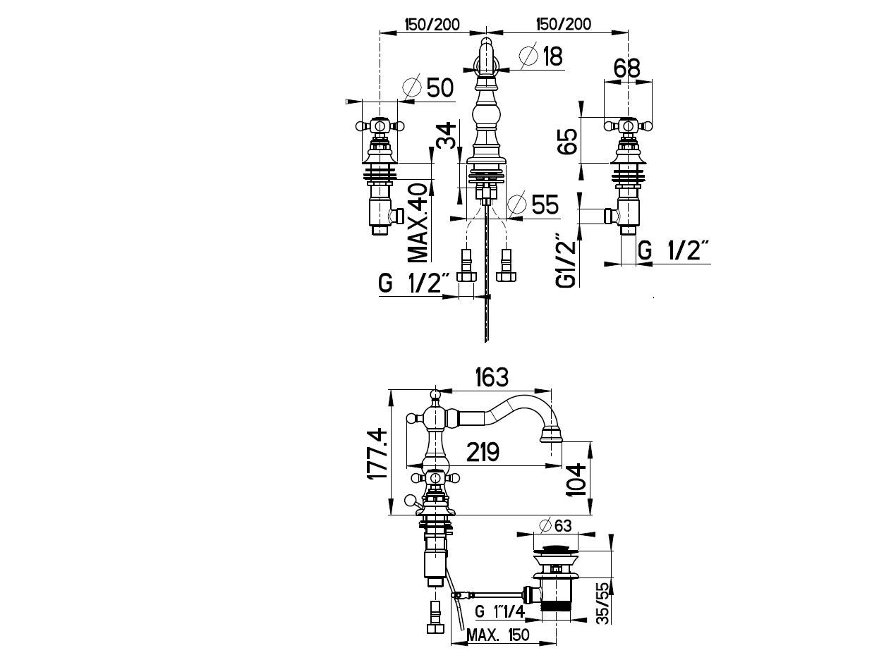 Смеситель для раковины с 3 отверстиями и автоматическим сливом Gaia Mobili Complements ARCH-00066913 - Вид №2