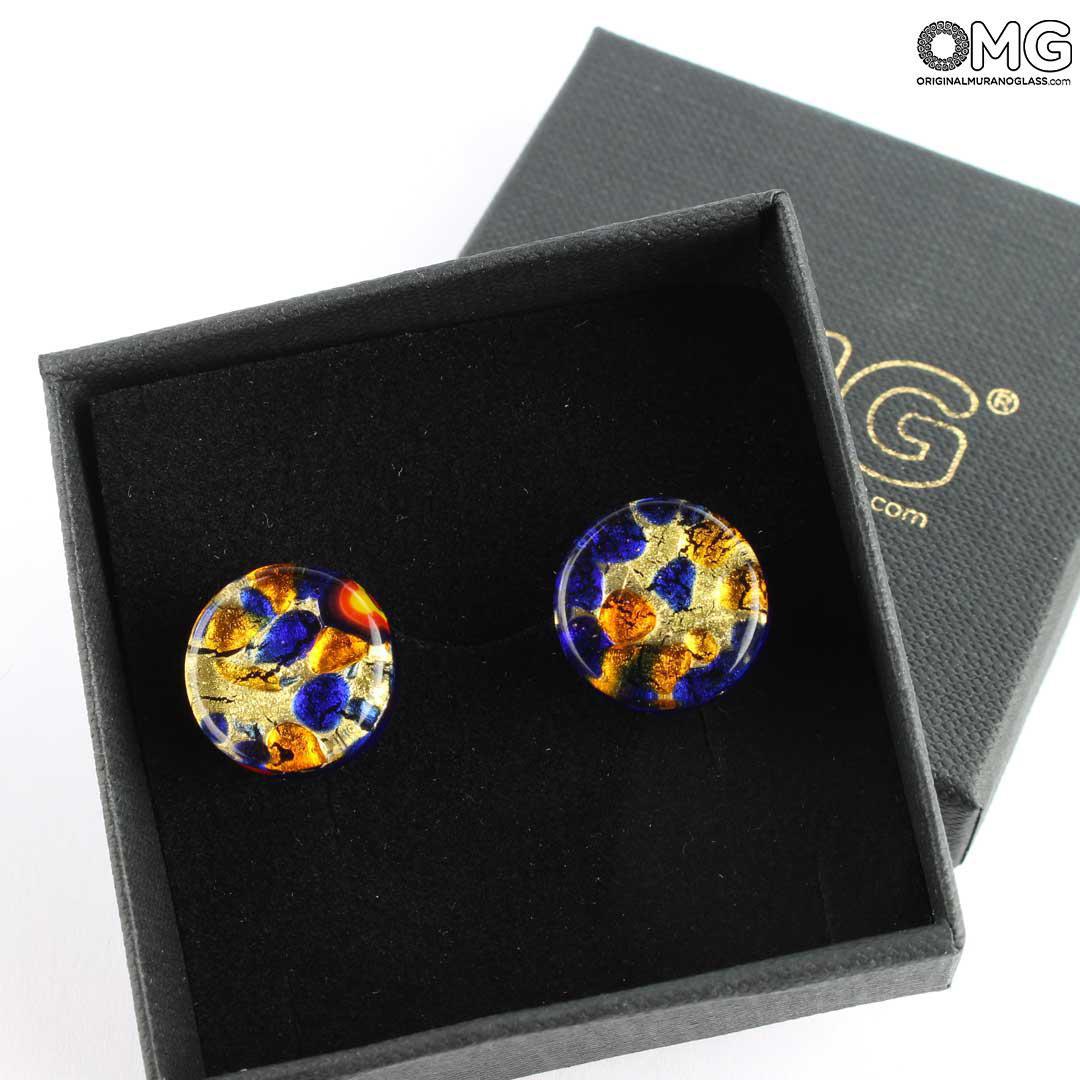 3702 ORIGINALMURANOGLASS Круглые Синие Запонки с золотом - муранское стекло OMG 1 см  - Вид №1