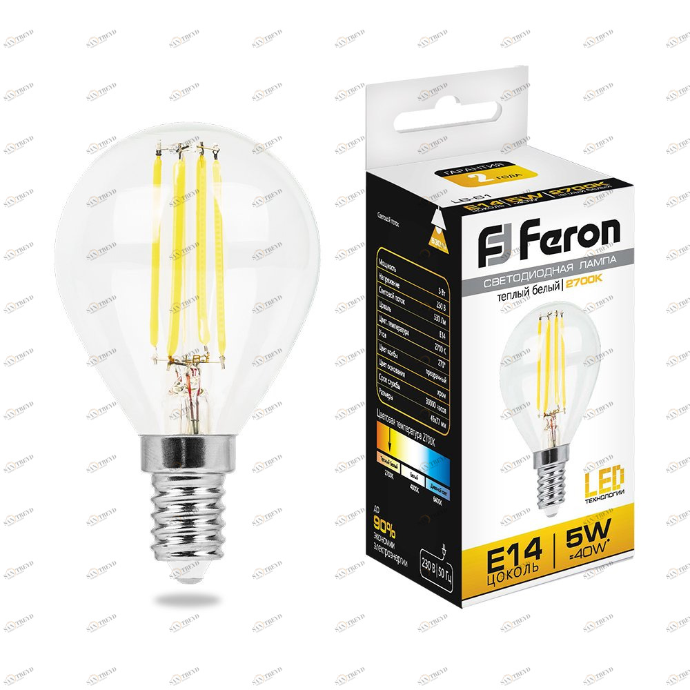 Лампа светодиодная Feron "Шарик" E14 5W 2700K LB-61 25578 FERON  00-3956777 Прозрачный 