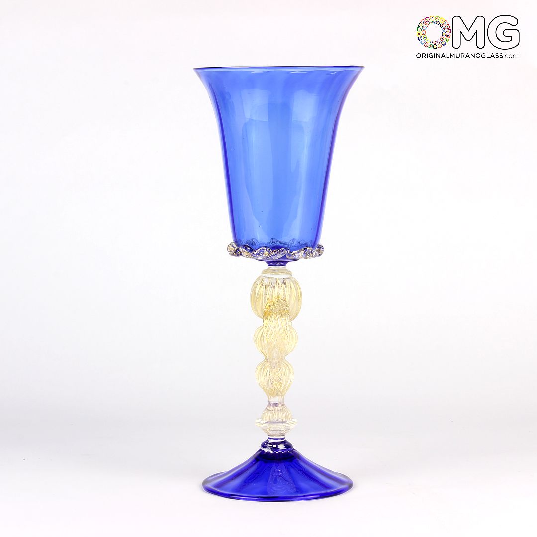 1936 ORIGINALMURANOGLASS Венецианский светло-синий бокал с фигурной ножкой - муранское стекло 9 см  - Вид №1