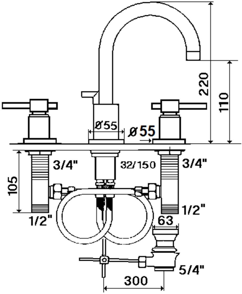 rvb Смеситель для раковины на 3 отверстия с раздельными розетками Dynamic 4027.11.45 - Вид №1