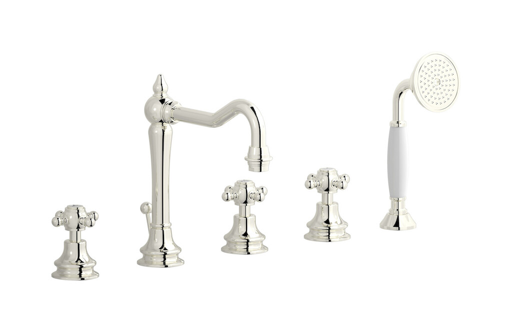 Смеситель на бортик ванной на 5 отверстий с дивертером и душевым гарнитуром. WE ARE IB hr396pl Platinum Hermes