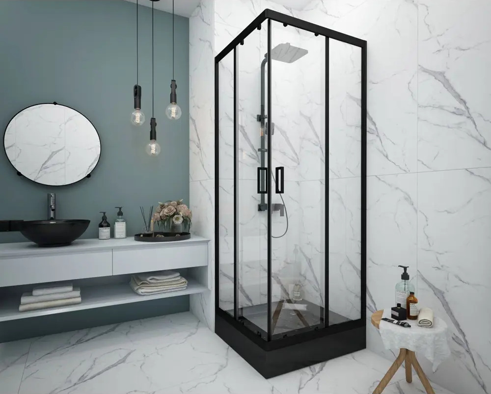 МЕТАКАМ Душевой уголок квадратный 80×80 см с черным профилем и стеклянными створками 89361541