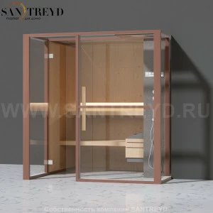 Effegibi LOGICAFILO S LO21030015 Сауна. Установка: в правый  полуугол. Правая дверь. Мощность: 6 кВт макс. Размеры: длина 214 см, ширина 250 см. Отделка: канадский хемлок, матовый лакированный коричневый аллюминий и темный ламинат из керамогранита.