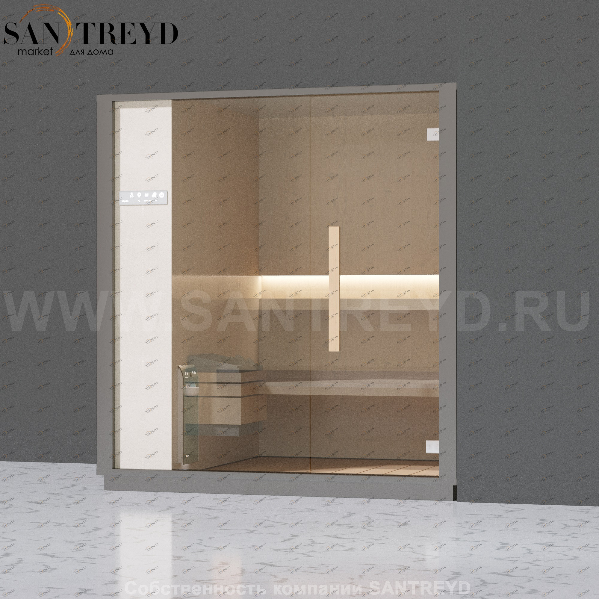 Effegibi ONE H LO60010008 Хаммам. Установка: в правый угол. Левая дверь. Мощность: 4,5 кВт макс. Размеры: длина 214 см, ширина 171 см. Отделка: матовый лакированный серый аллюминий и бежевый ламинат из керамогранита.