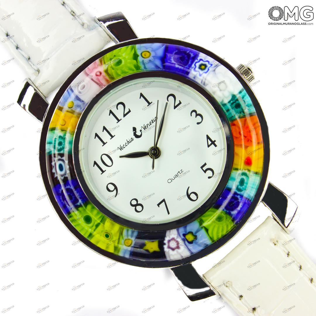 3002 ORIGINALMURANOGLASS Наручные часы Унисекс - белые - миллефиори - Original Murano Glass OMG 23 см 