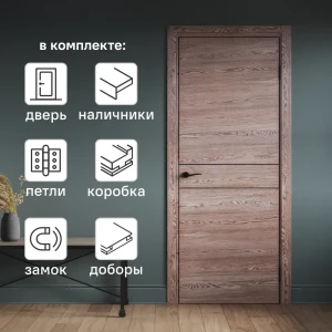 Комплект межкомнатной двери Борно 52 глухая 90x200 см ПВХ цвет тобакко с коробом и наличниками с доборами 100 мм